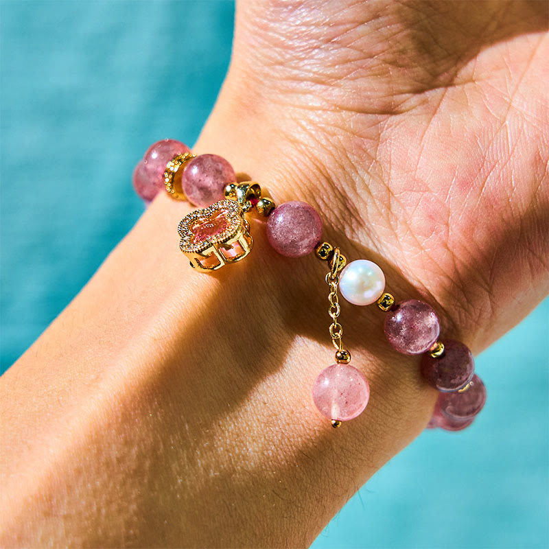 EverestArtstudios Strawberry Quartz Pearl Four Leaf Clover Charm Healing Bracelet