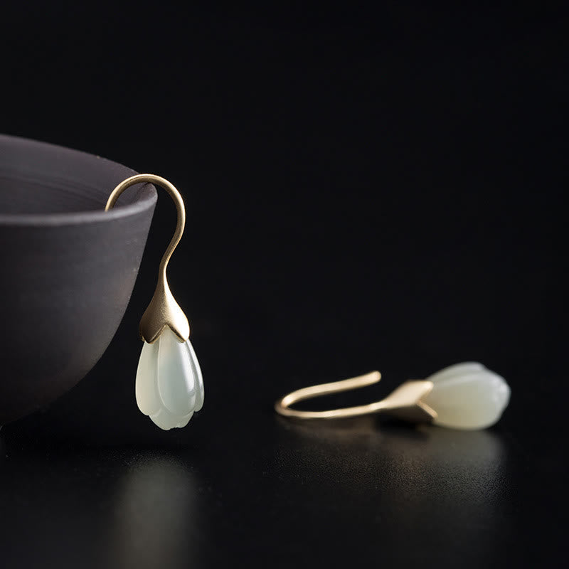 EverestArtstudios 925 Sterling Silver Hetian Jade Magnolia Abundance Drop Earrings