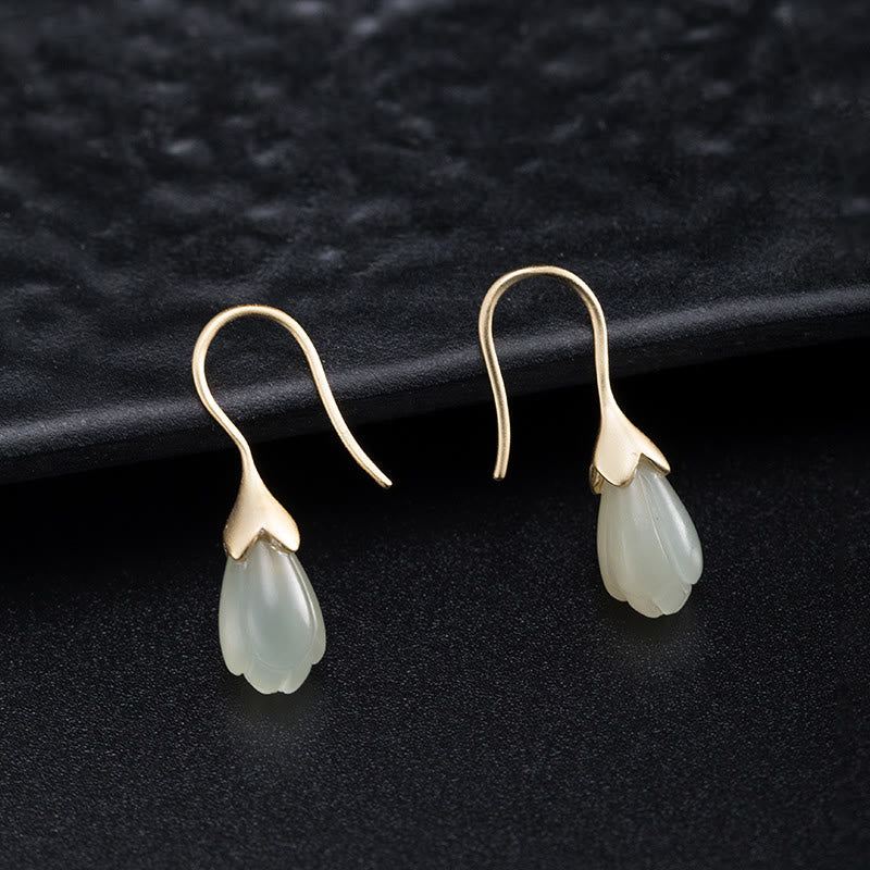 EverestArtstudios 925 Sterling Silver Hetian Jade Magnolia Abundance Drop Earrings