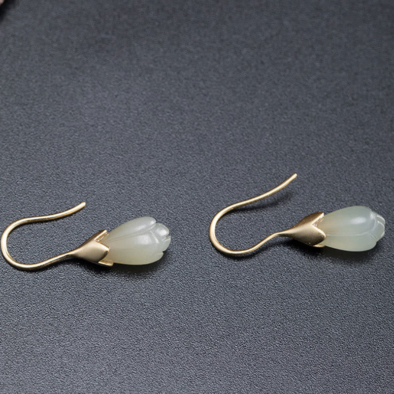 EverestArtstudios 925 Sterling Silver Hetian Jade Magnolia Abundance Drop Earrings