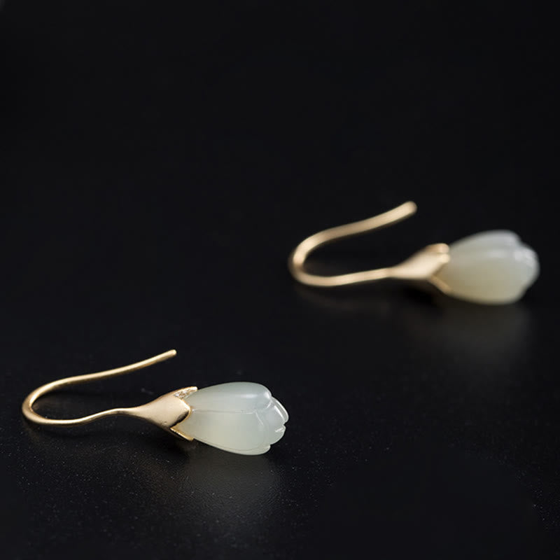 EverestArtstudios 925 Sterling Silver Hetian Jade Magnolia Abundance Drop Earrings