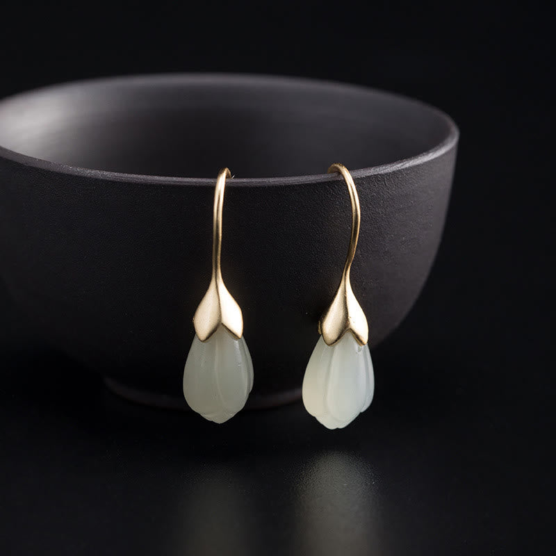 EverestArtstudios 925 Sterling Silver Hetian Jade Magnolia Abundance Drop Earrings