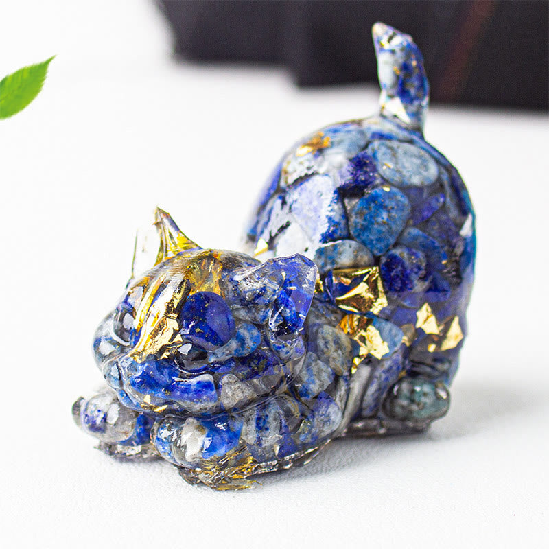 EverestArtStudios Stretching Cat Resin Crystal Gravel Meditation Decoration