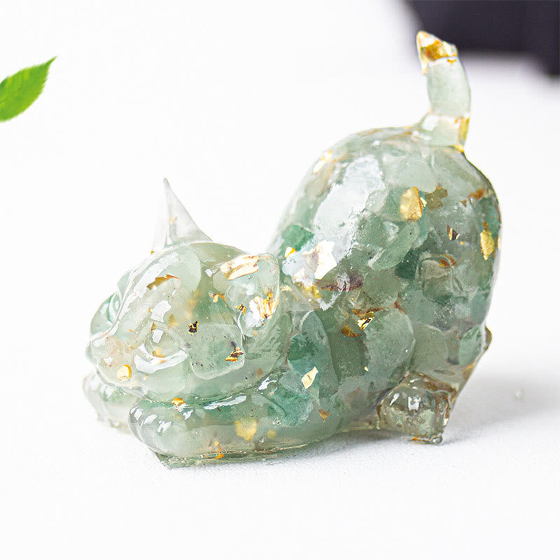 EverestArtStudios Stretching Cat Resin Crystal Gravel Meditation Decoration