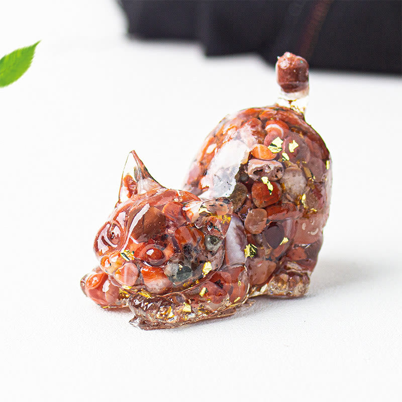EverestArtStudios Stretching Cat Resin Crystal Gravel Meditation Decoration
