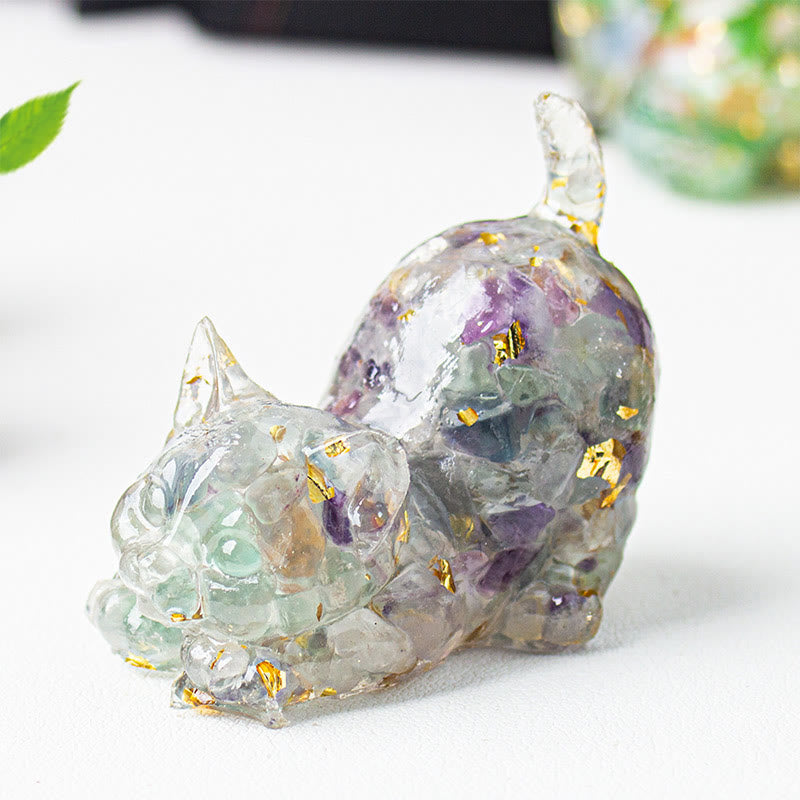Buddha Stones Stretching Cat Resin Crystal Gravel Meditation Decoration