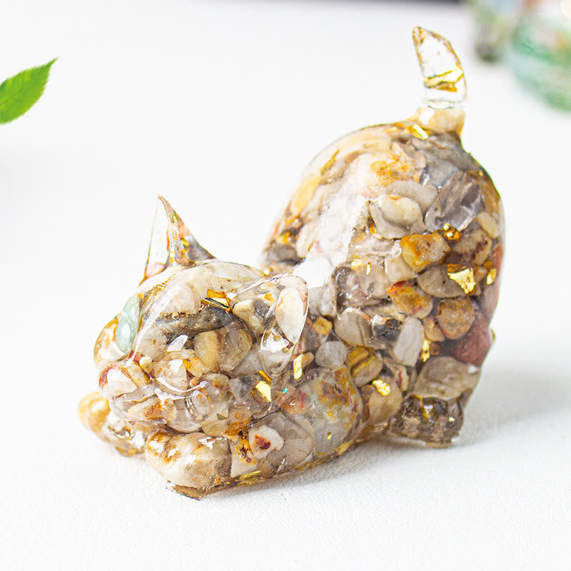 Buddha Stones Stretching Cat Resin Crystal Gravel Meditation Decoration