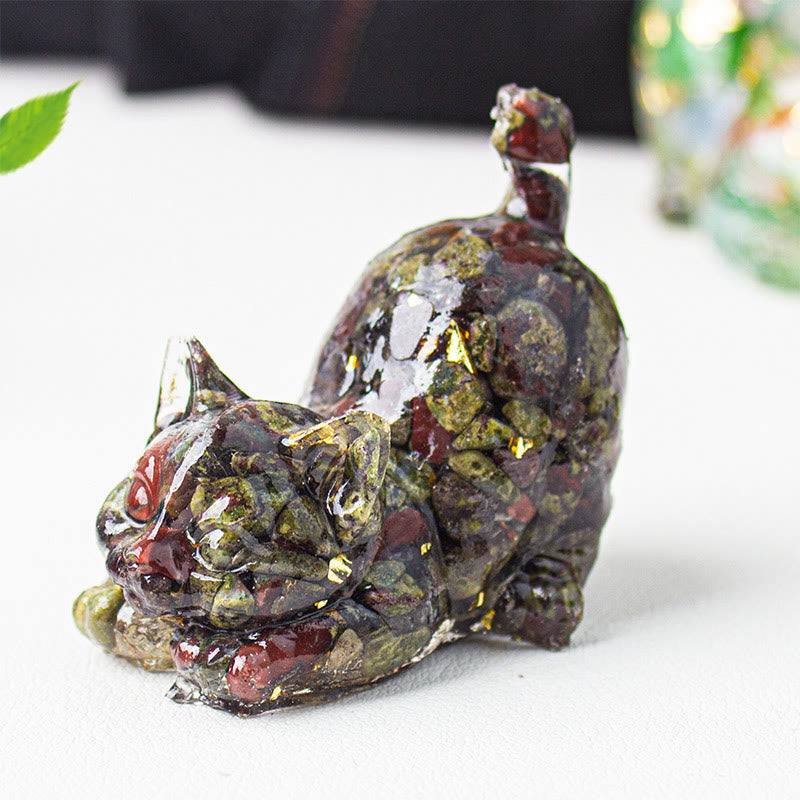 EverestArtStudios Stretching Cat Resin Crystal Gravel Meditation Decoration
