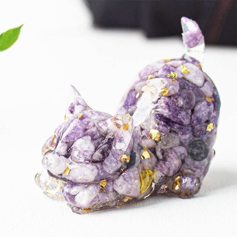 EverestArtStudios Stretching Cat Resin Crystal Gravel Meditation Decoration