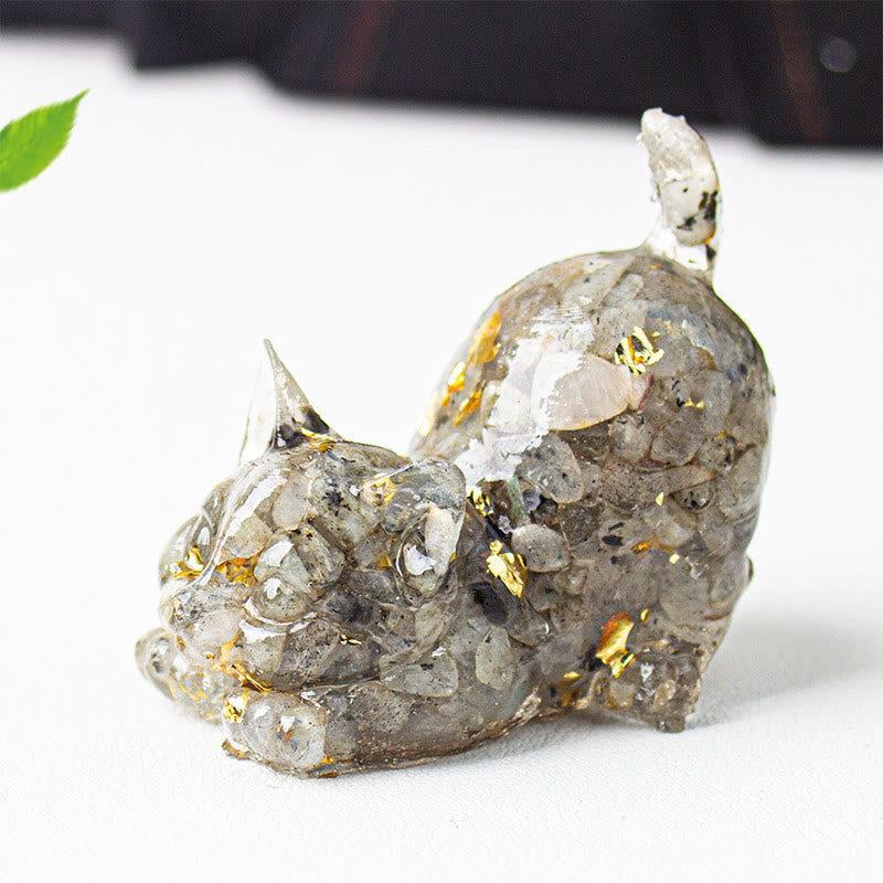 EverestArtStudios Stretching Cat Resin Crystal Gravel Meditation Decoration