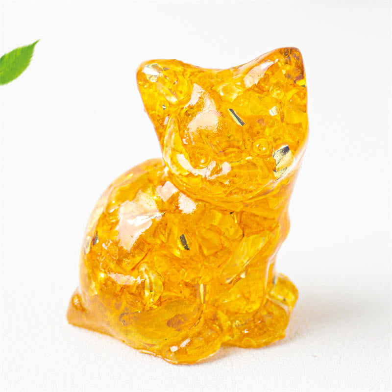 EverestArtStudios Sitting Cat  Resin Gravel Pink Crystal Citrine White Crystal Lapis Lazuli Soothing Desktop Decoration