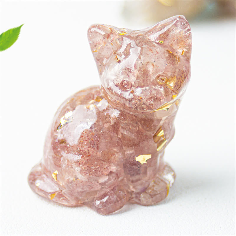 EverestArtStudios Sitting Cat  Resin Gravel Pink Crystal Citrine White Crystal Lapis Lazuli Soothing Desktop Decoration