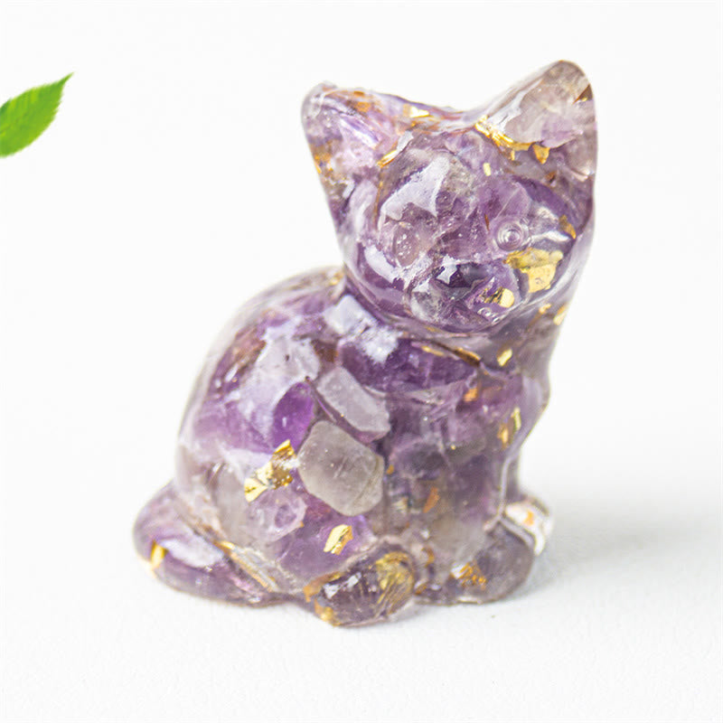 Buddha Stones Sitting Cat  Resin Gravel Pink Crystal Citrine White Crystal Lapis Lazuli Soothing Desktop Decoration