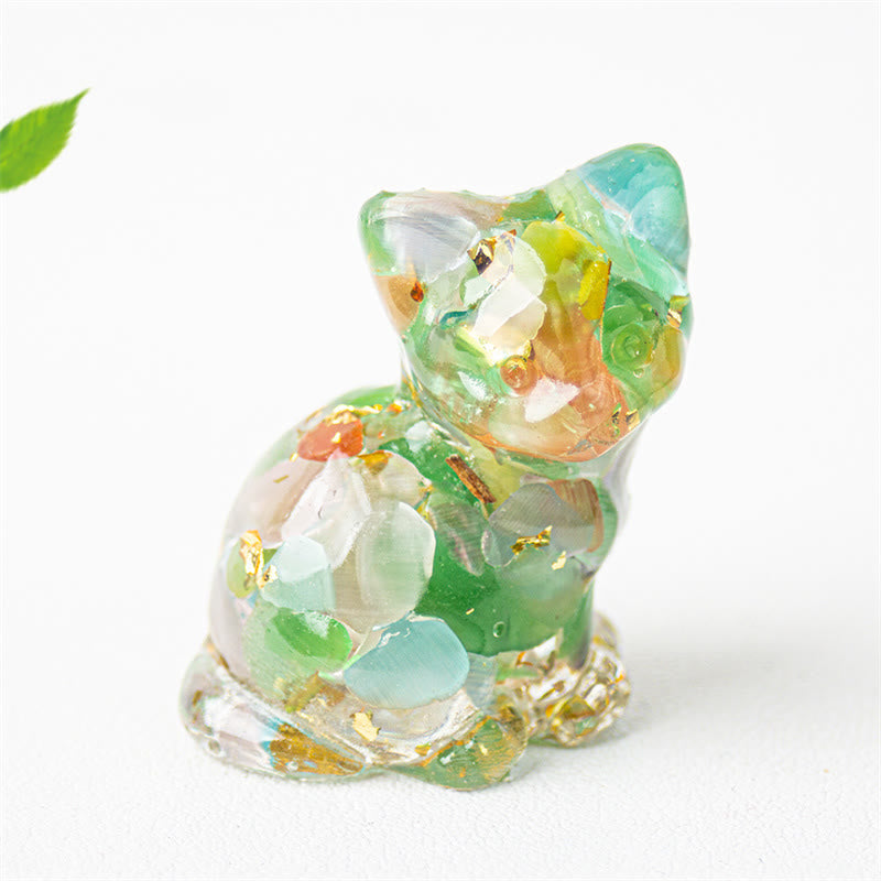 EverestArtStudios Sitting Cat  Resin Gravel Pink Crystal Citrine White Crystal Lapis Lazuli Soothing Desktop Decoration