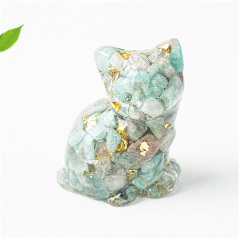 EverestArtStudios Sitting Cat  Resin Gravel Pink Crystal Citrine White Crystal Lapis Lazuli Soothing Desktop Decoration