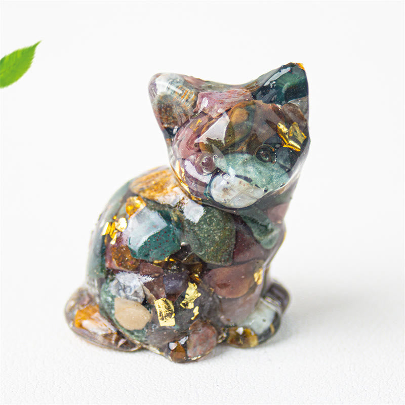 Buddha Stones Sitting Cat  Resin Gravel Pink Crystal Citrine White Crystal Lapis Lazuli Soothing Desktop Decoration