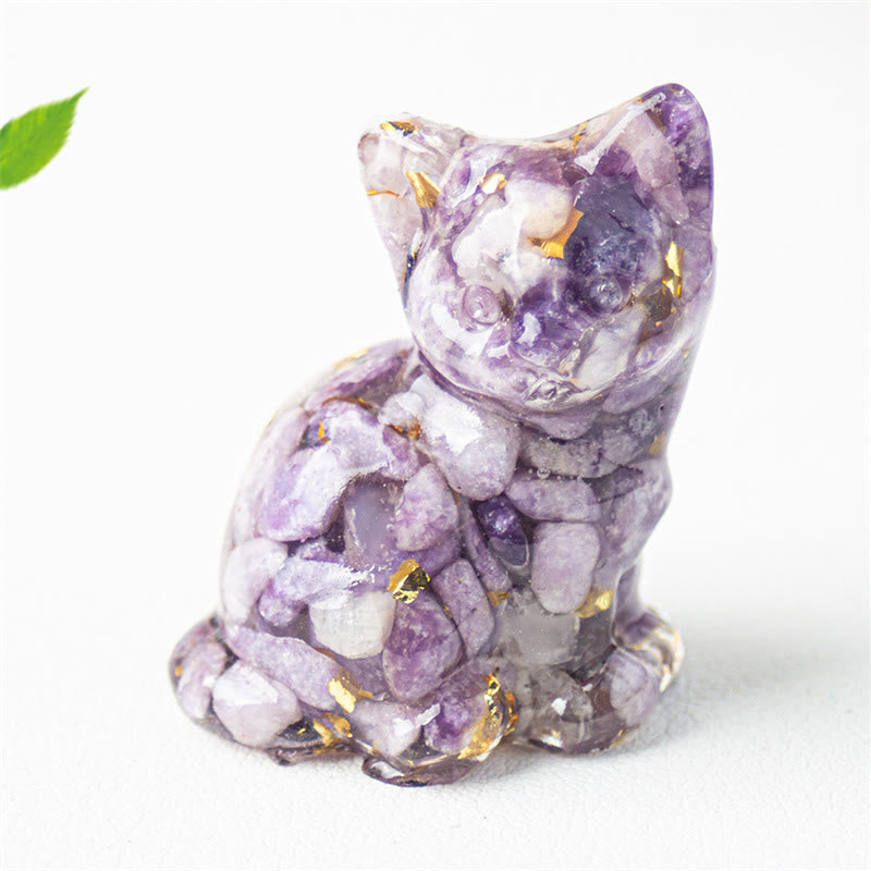 EverestArtStudios Sitting Cat  Resin Gravel Pink Crystal Citrine White Crystal Lapis Lazuli Soothing Desktop Decoration