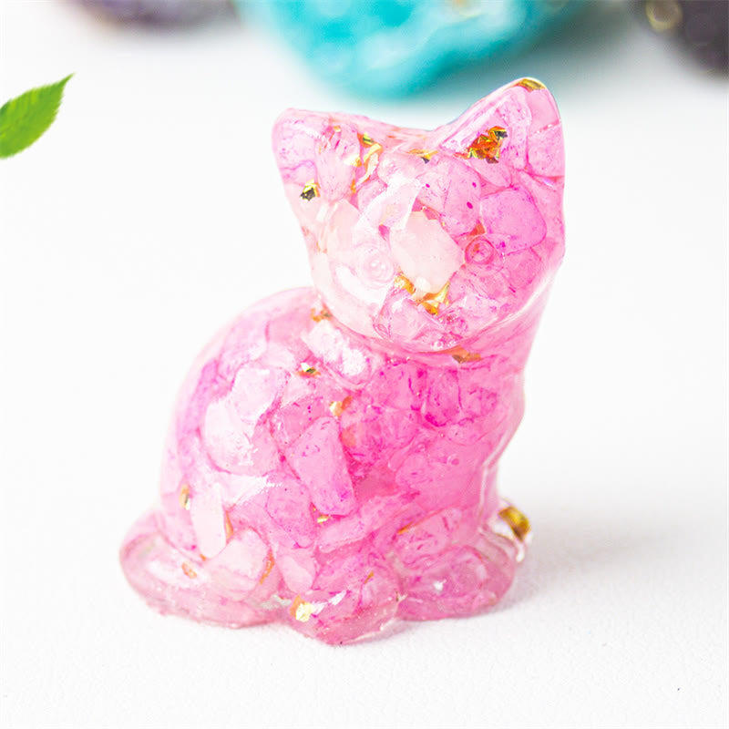 EverestArtStudios Sitting Cat  Resin Gravel Pink Crystal Citrine White Crystal Lapis Lazuli Soothing Desktop Decoration