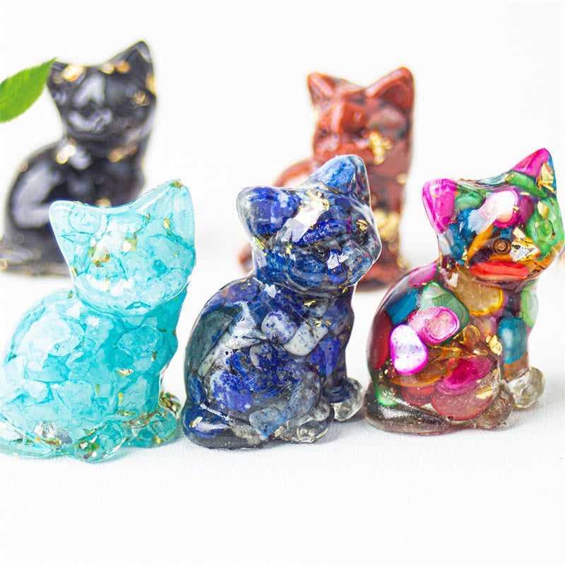 EverestArtStudios Sitting Cat  Resin Gravel Pink Crystal Citrine White Crystal Lapis Lazuli Soothing Desktop Decoration