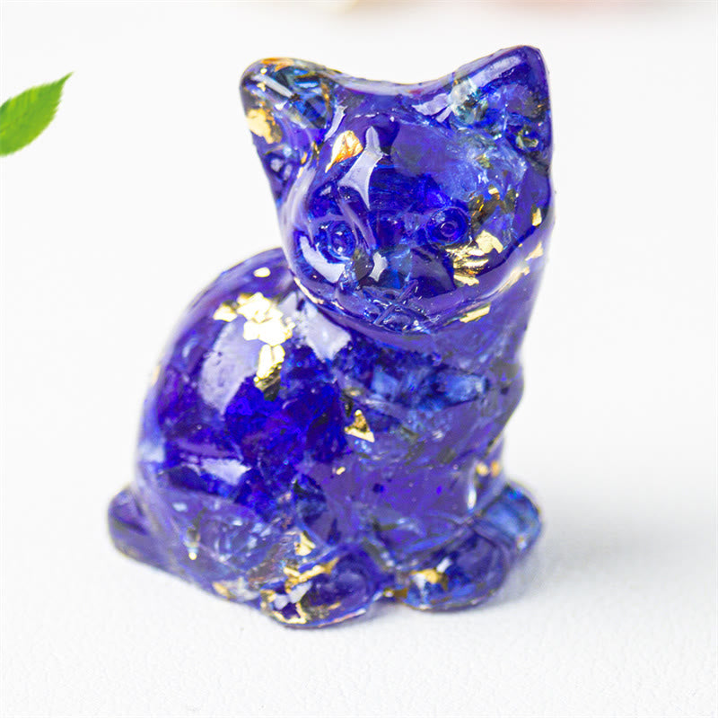 EverestArtStudios Sitting Cat  Resin Gravel Pink Crystal Citrine White Crystal Lapis Lazuli Soothing Desktop Decoration