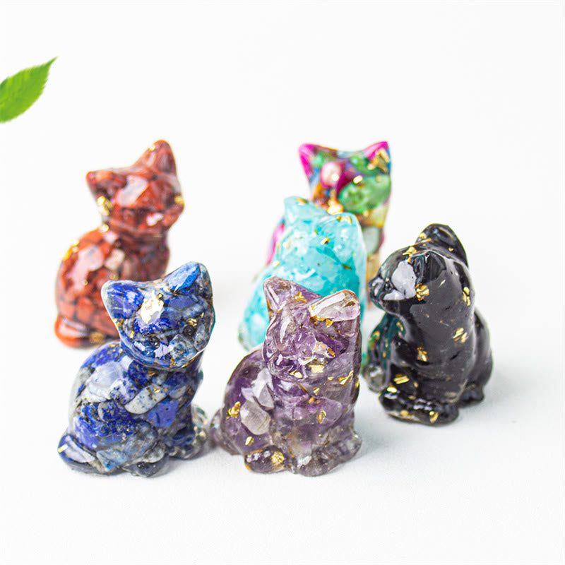 Buddha Stones Sitting Cat  Resin Gravel Pink Crystal Citrine White Crystal Lapis Lazuli Soothing Desktop Decoration