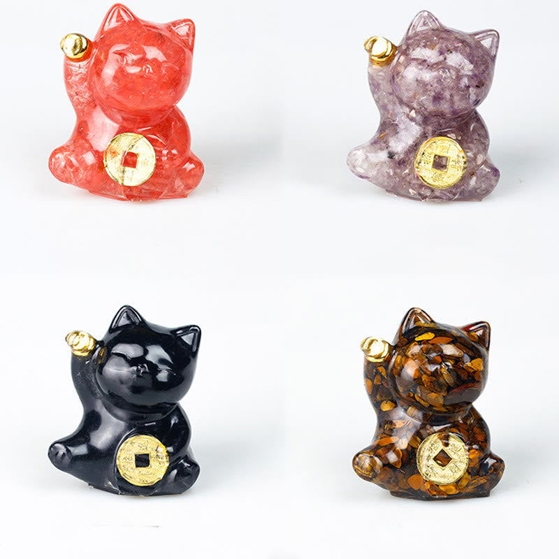 Buddha Stones Lucky Cat Copper Coin Turquoise Labradorite Pink Crystal Amethyst Strength Home Decoration