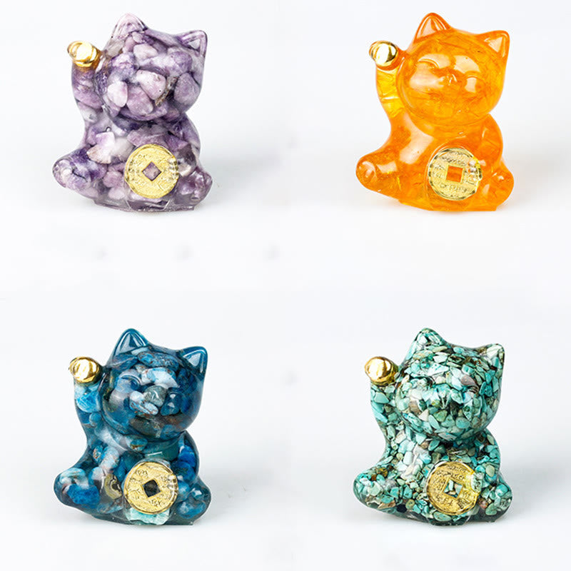 Buddha Stones Lucky Cat Copper Coin Turquoise Labradorite Pink Crystal Amethyst Strength Home Decoration