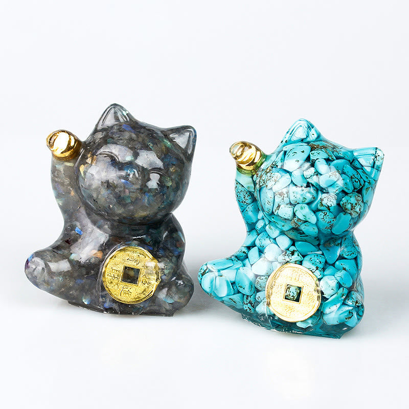 EverestArtStudios Lucky Cat Copper Coin Turquoise Labradorite Pink Crystal Amethyst Strength Home Decoration