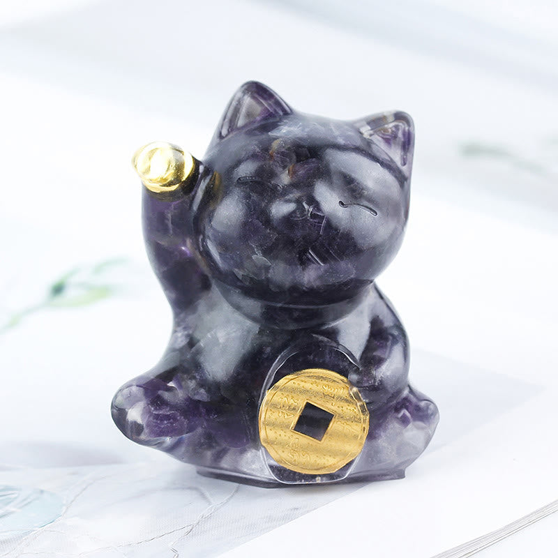 Buddha Stones Lucky Cat Copper Coin Turquoise Labradorite Pink Crystal Amethyst Strength Home Decoration