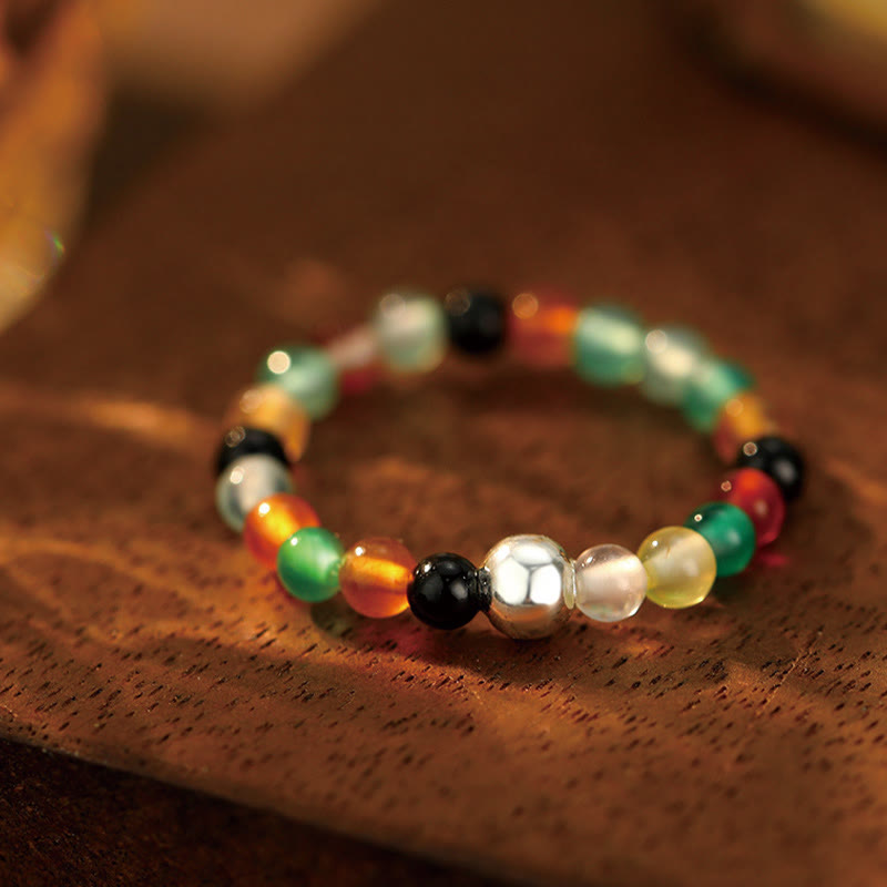 EverestArtStudios 925 Sterling Silver Crystal Beads White Jade Black Onyx Blessing Elastic Ring