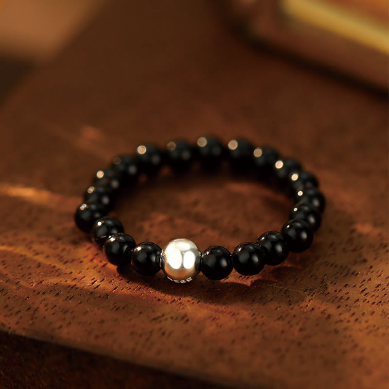 EverestArtStudios 925 Sterling Silver Crystal Beads White Jade Black Onyx Blessing Elastic Ring