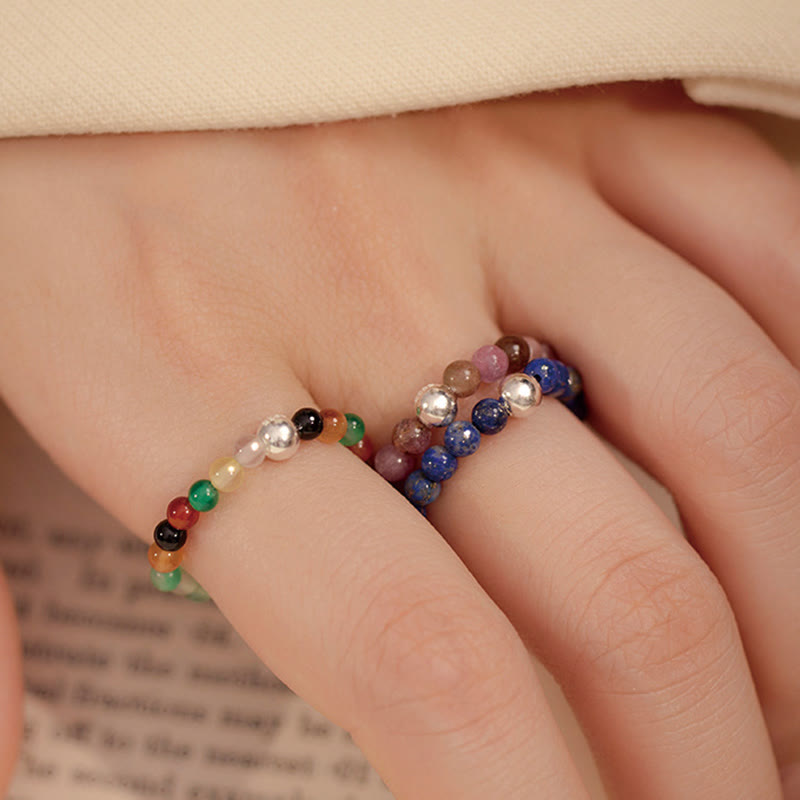 EverestArtStudios 925 Sterling Silver Crystal Beads White Jade Black Onyx Blessing Elastic Ring