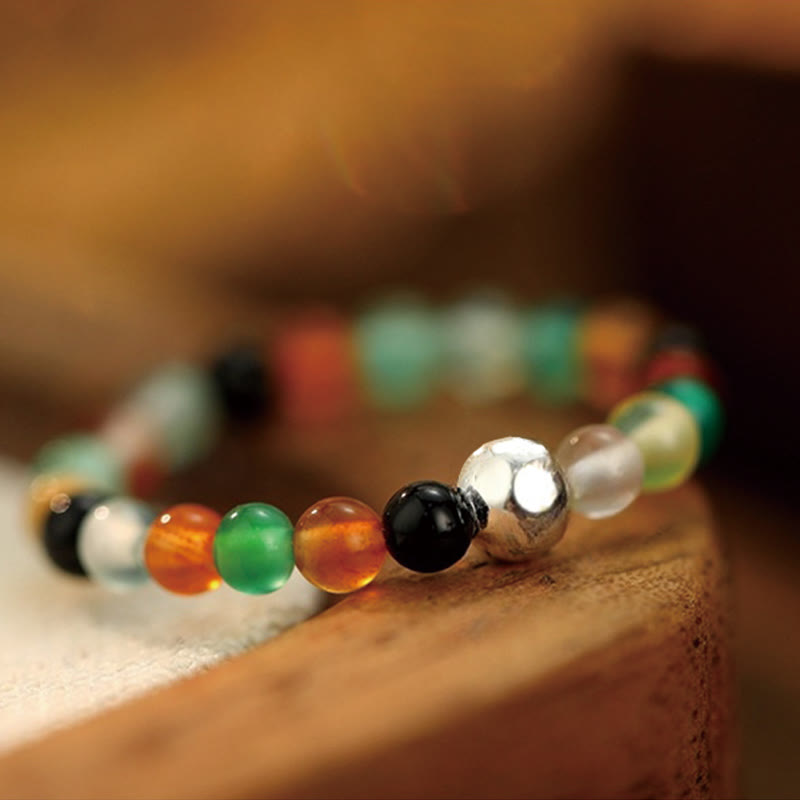EverestArtStudios 925 Sterling Silver Crystal Beads White Jade Black Onyx Blessing Elastic Ring