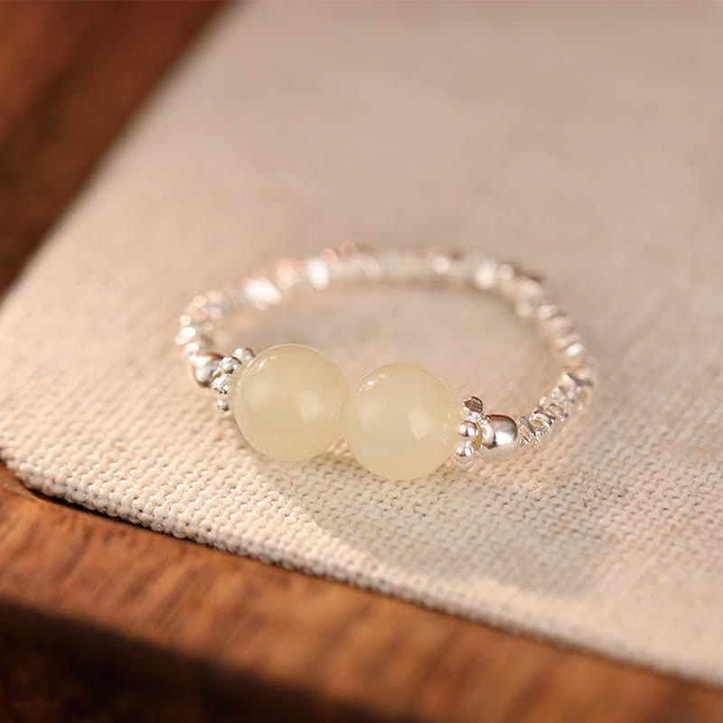 EverestArtstudios 925 Sterling Silver Natural Small Hetian Jade Bead Luck Elastic Ring