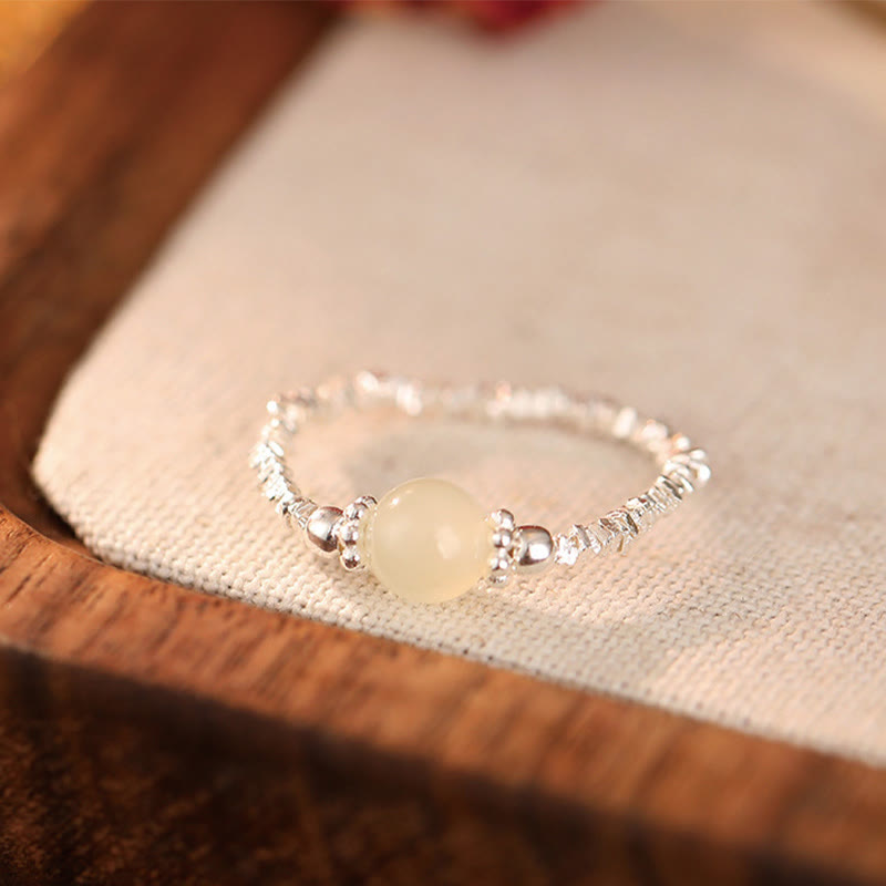 EverestArtstudios 925 Sterling Silver Natural Small Hetian Jade Bead Luck Elastic Ring