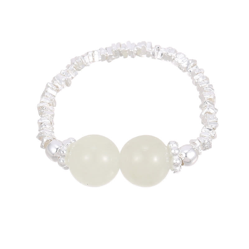 EverestArtstudios 925 Sterling Silver Natural Small Hetian Jade Bead Luck Elastic Ring