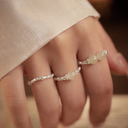 EverestArtstudios 925 Sterling Silver Natural Small Hetian Jade Bead Luck Elastic Ring