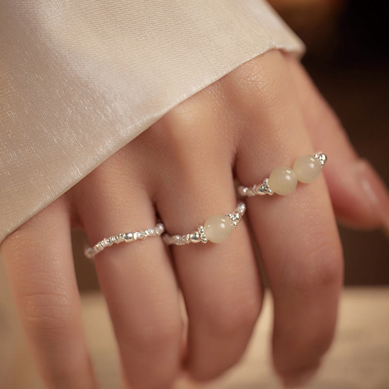 EverestArtstudios 925 Sterling Silver Natural Small Hetian Jade Bead Luck Elastic Ring