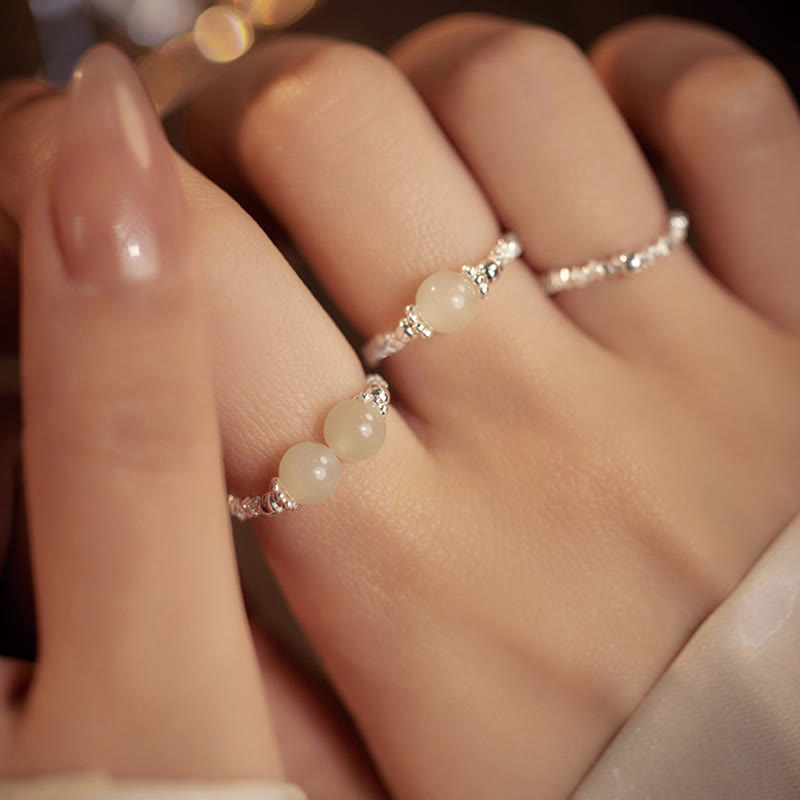 EverestArtstudios 925 Sterling Silver Natural Small Hetian Jade Bead Luck Elastic Ring