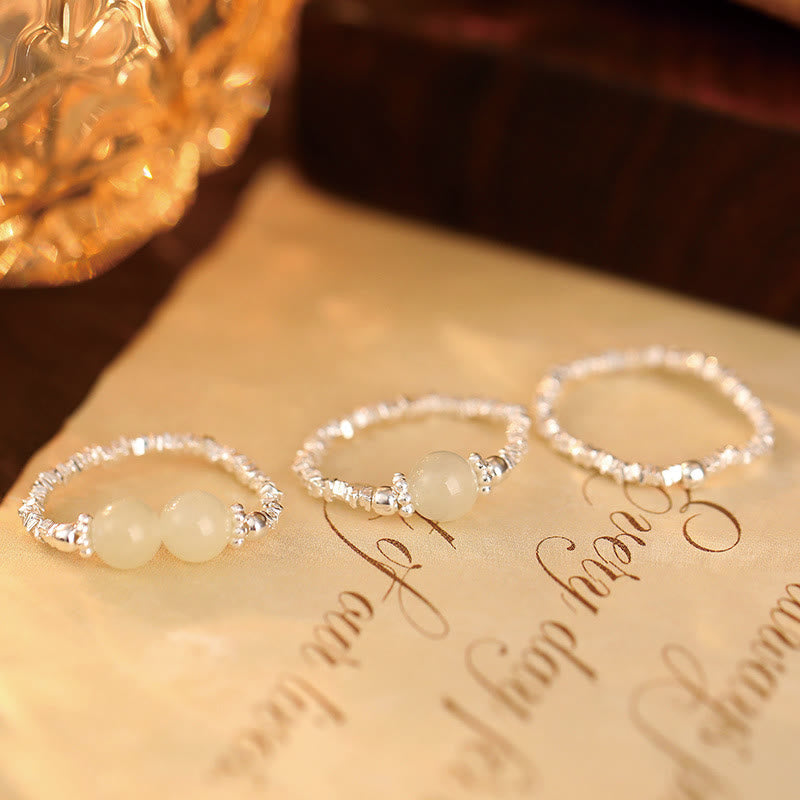 EverestArtstudios 925 Sterling Silver Natural Small Hetian Jade Bead Luck Elastic Ring