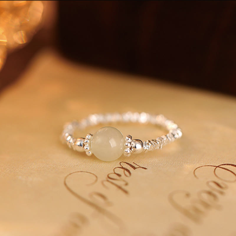 EverestArtstudios 925 Sterling Silver Natural Small Hetian Jade Bead Luck Elastic Ring
