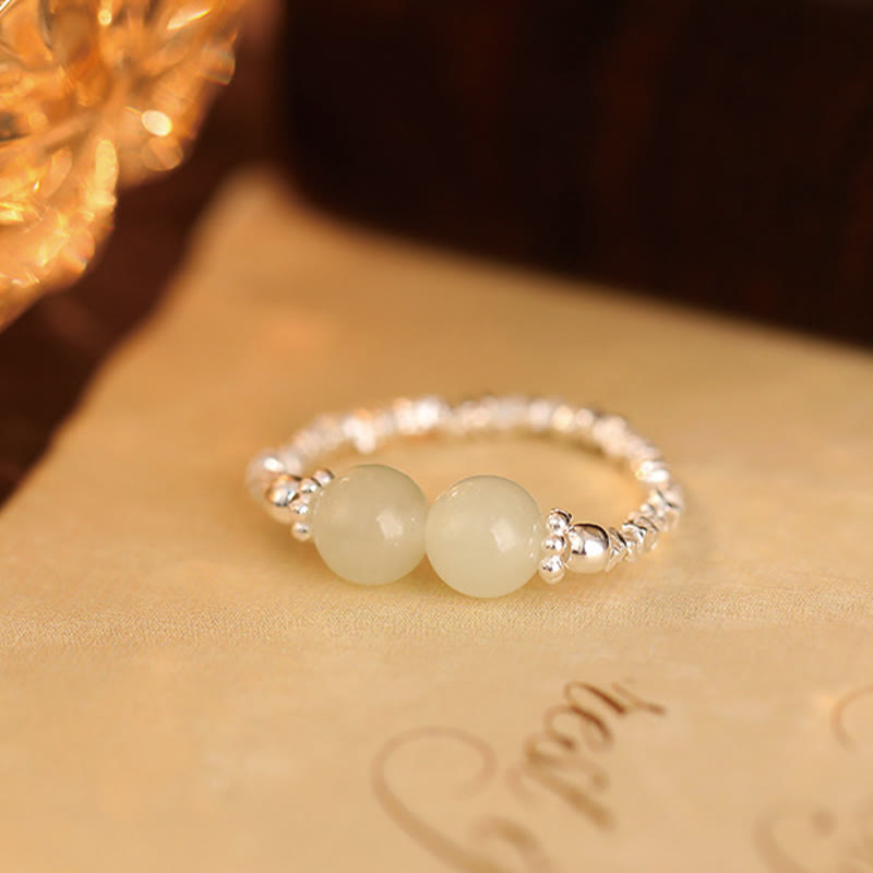EverestArtstudios 925 Sterling Silver Natural Small Hetian Jade Bead Luck Elastic Ring