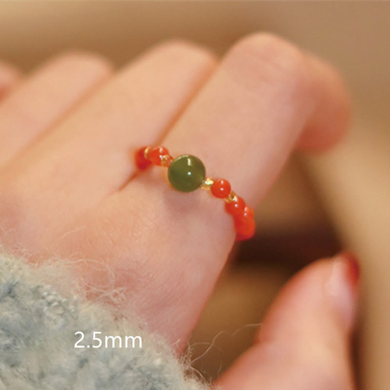 EverestArtstudios 925 Sterling Silver Natural Small Hetian Jade Red Agate Pearl Bead Prosperity Elastic Ring