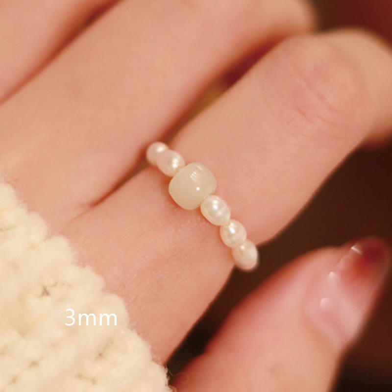 EverestArtstudios 925 Sterling Silver Natural Small Hetian Jade Red Agate Pearl Bead Prosperity Elastic Ring