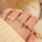 EverestArtstudios 925 Sterling Silver Natural Small Hetian Jade Red Agate Pearl Bead Prosperity Elastic Ring