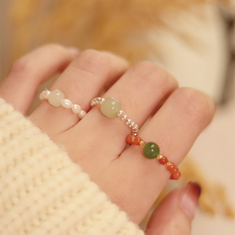 EverestArtstudios 925 Sterling Silver Natural Small Hetian Jade Red Agate Pearl Bead Prosperity Elastic Ring