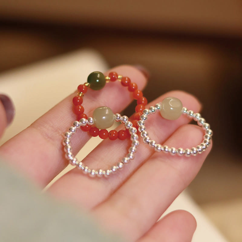 EverestArtstudios 925 Sterling Silver Natural Small Hetian Jade Red Agate Pearl Bead Prosperity Elastic Ring