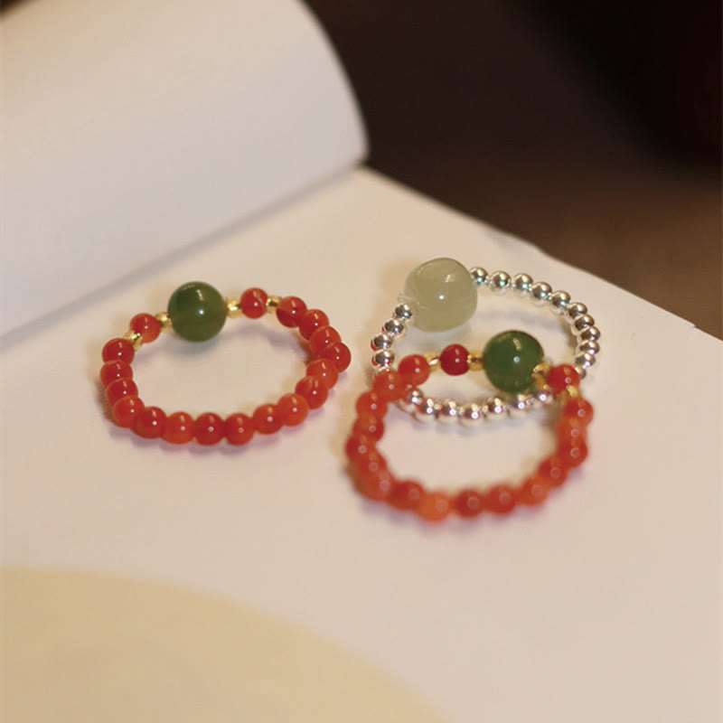 EverestArtstudios 925 Sterling Silver Natural Small Hetian Jade Red Agate Pearl Bead Prosperity Elastic Ring