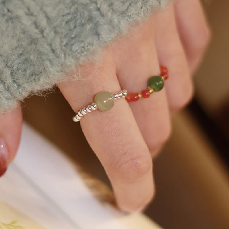 EverestArtstudios 925 Sterling Silver Natural Small Hetian Jade Red Agate Pearl Bead Prosperity Elastic Ring