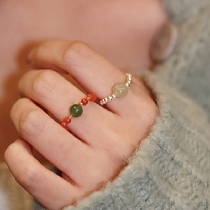 EverestArtstudios 925 Sterling Silver Natural Small Hetian Jade Red Agate Pearl Bead Prosperity Elastic Ring